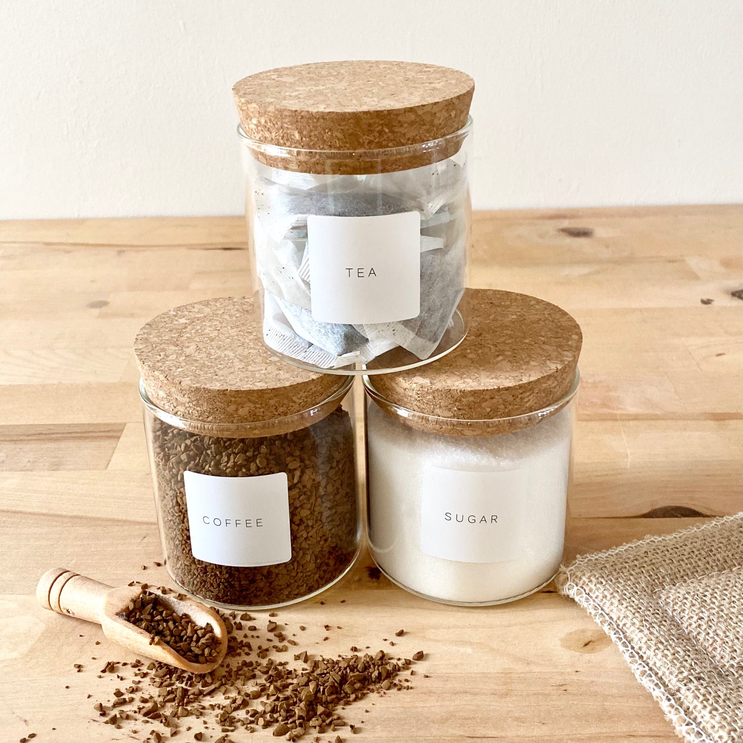 Set of 3 Cork Lid Tea Coffee Sugar Eco Kitchen Glass Jars