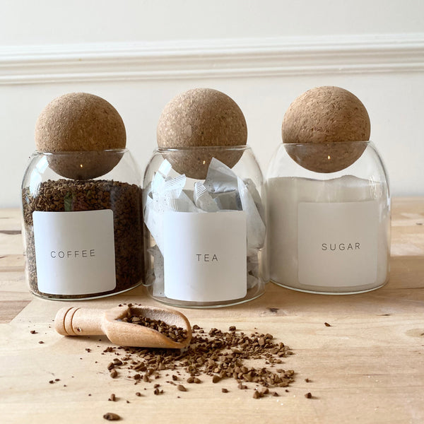 Set of 3 Tea Coffee Sugar Canisters Cork Ball Glass Jars Kitchen Organisation
