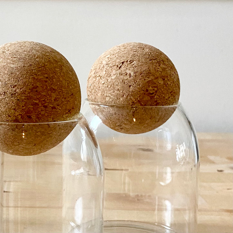 Set of 3 Tea Coffee Sugar Canisters Cork Ball Glass Jars