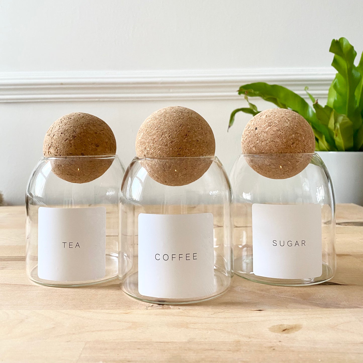 Set of 3 Tea Coffee Sugar Canisters Cork Ball Glass Jars Kitchen Organisation