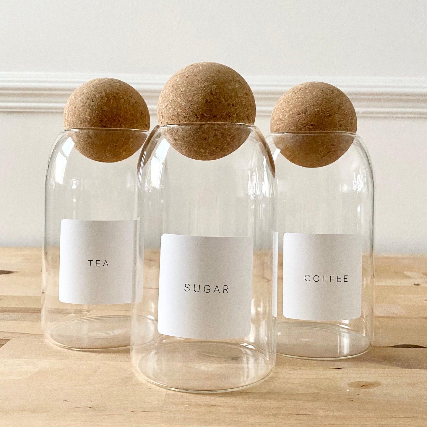 Set of 3 Tea Coffee Sugar Canisters Cork Ball Glass Jars Kitchen Organisation