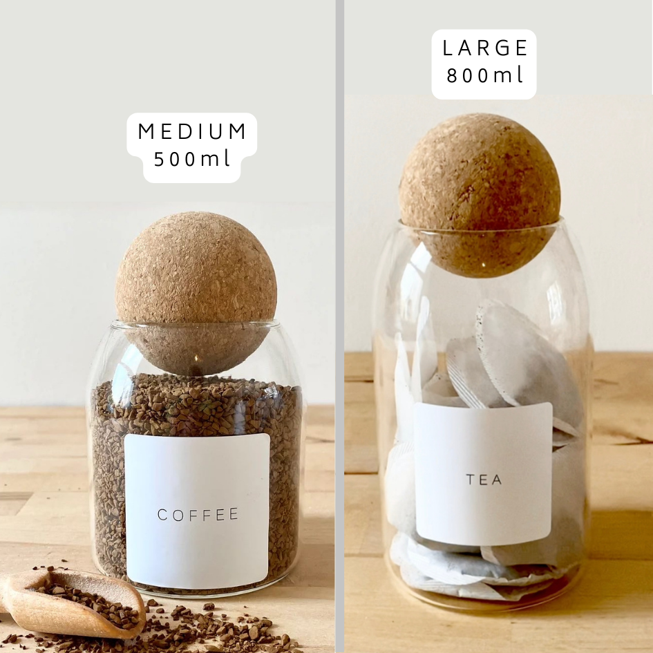 Set of 3 Tea Coffee Sugar Canisters Cork Ball Glass Jars Kitchen Organisation